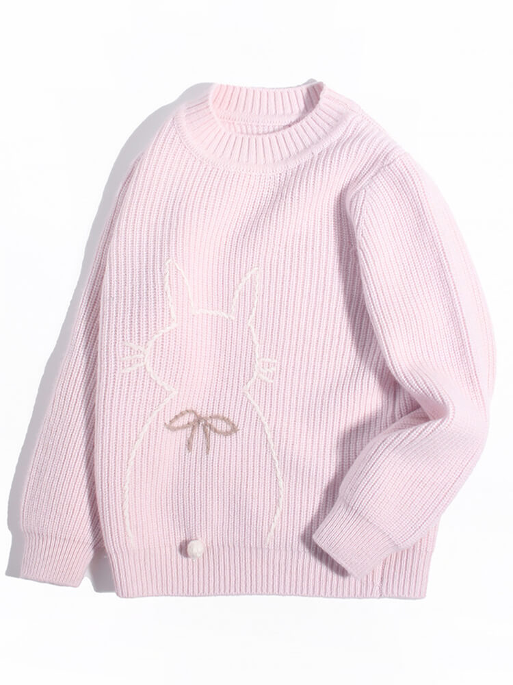 Light Pink Bunny and Bow Outline Cashmere Ribbed Knit Sweater
